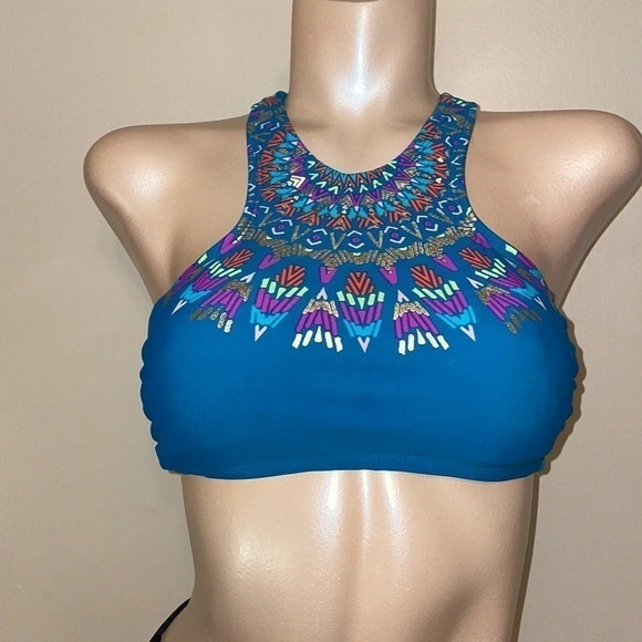 Xhilaration women’s bikini top D DD swim teal gold Moroccan high neck tie back - Picture 2 of 6